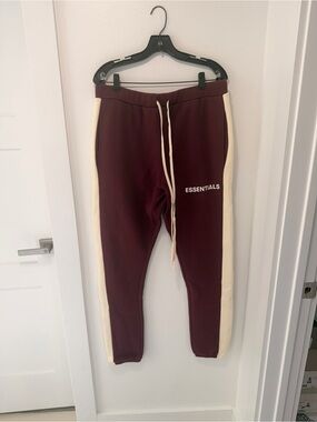 Fear of God Men’s Burgundy Joggers with Cream Side Stripes